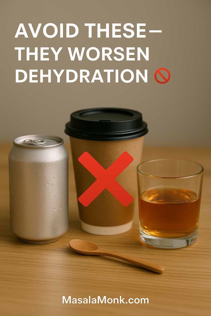 Coffee, soda, and alcohol which should be avoided as they worsen dehydration during diarrhea.
