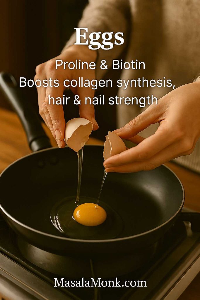 Cracking eggs into a pan to show proline and biotin’s role in boosting collagen synthesis, hair, and nail strength.