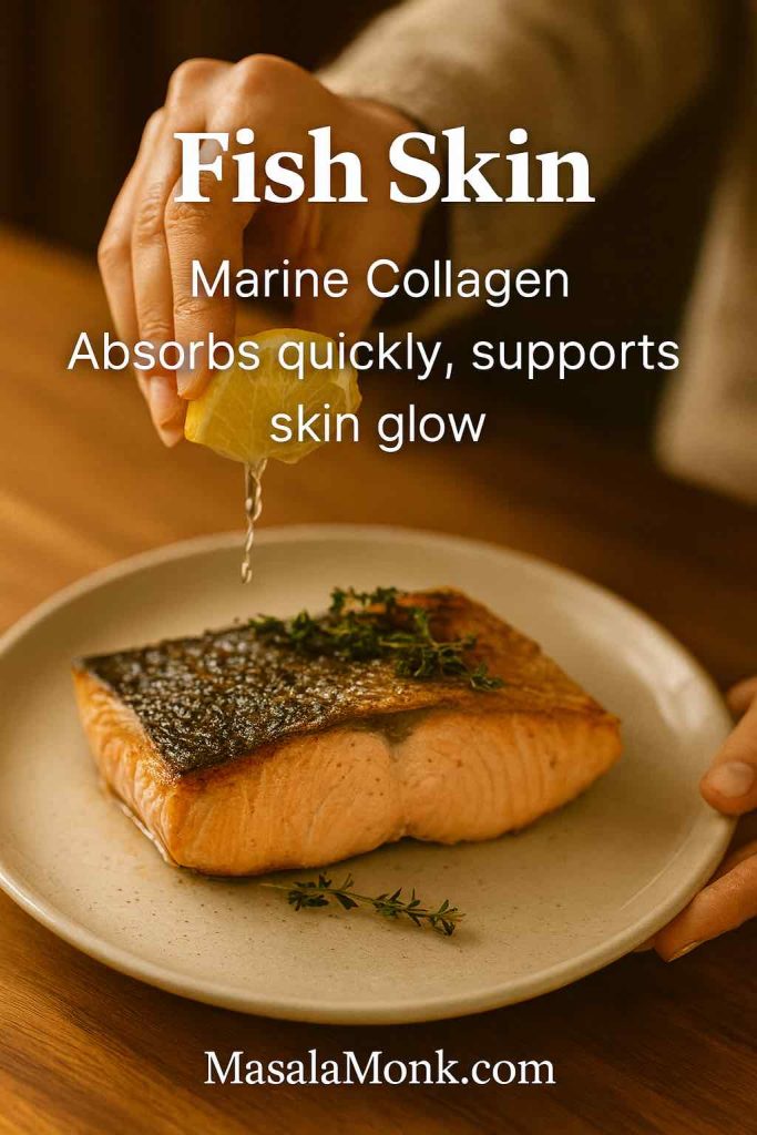 Salmon with skin being seasoned, showing marine collagen that supports glowing skin.