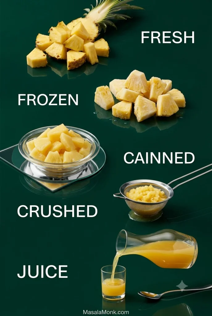 Five pineapple forms labeled fresh, frozen, canned, crushed and juice, showing fresh pieces, frozen chunks, drained canned fruit, crushed pineapple in a strainer and pineapple juice.
