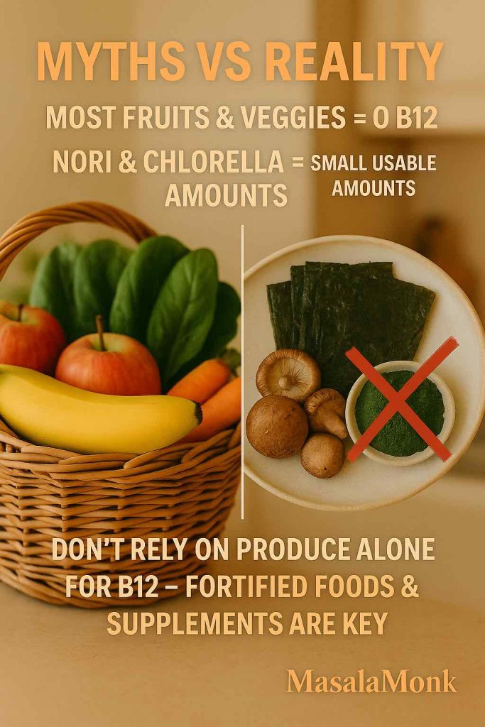 Split image of fruits and vegetables contrasted with nori and mushrooms for Vitamin B12 content myths vs reality.