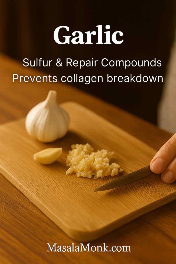 Minced garlic on a chopping board showing its role in preventing collagen breakdown and supporting skin repair.