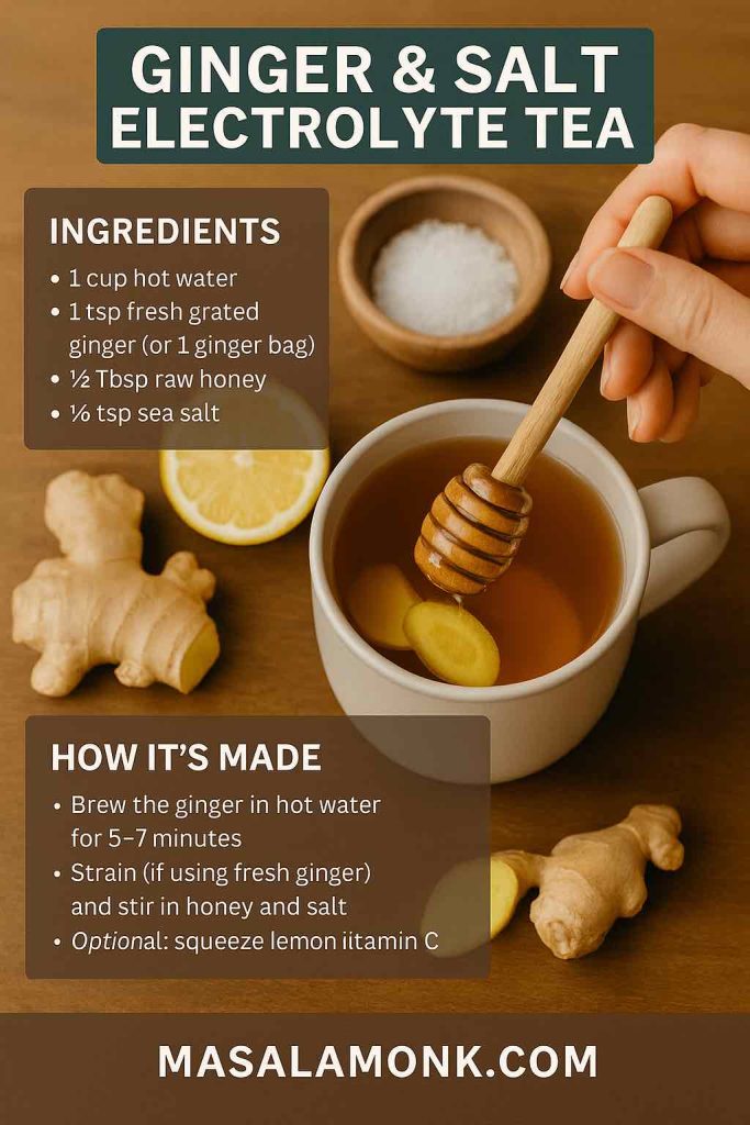 Fresh ginger, lemon, and salt arranged for making a warm ginger electrolyte tea for hangovers
