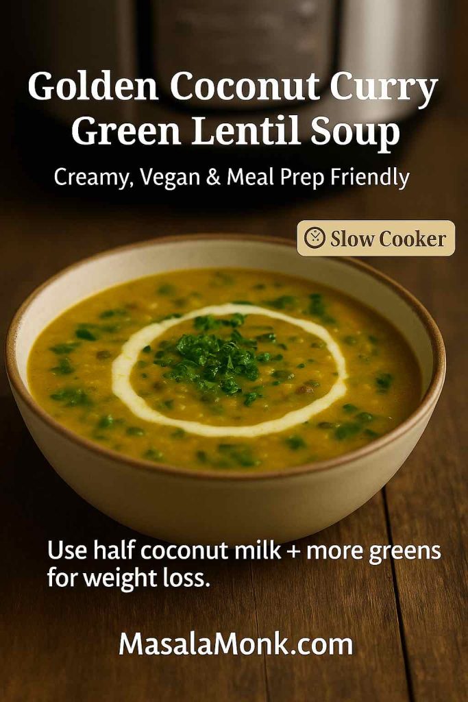 Golden coconut curry green lentil soup – vegan slow cooker meal prep recipe.