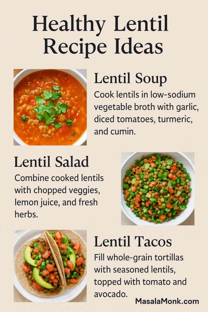 Recipe graphic showing three healthy lentil dishes: lentil soup cooked with tomatoes and spices, a colorful lentil salad with vegetables, and whole-grain tortillas filled with seasoned lentils and avocado.