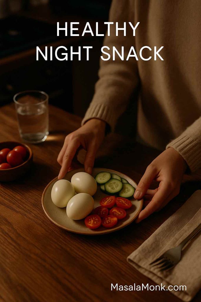 Healthy night snack idea – boiled eggs with cucumber and tomato slices for weight loss and better sleep.