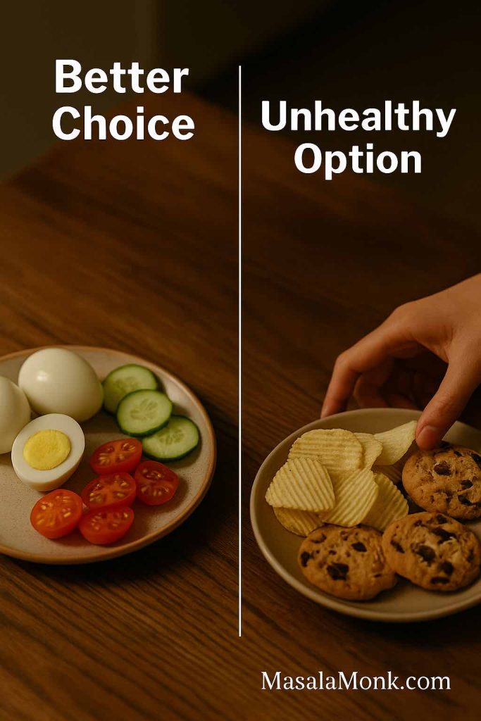 Healthy snack plate with eggs and vegetables compared to chips and cookies – better late-night choice.