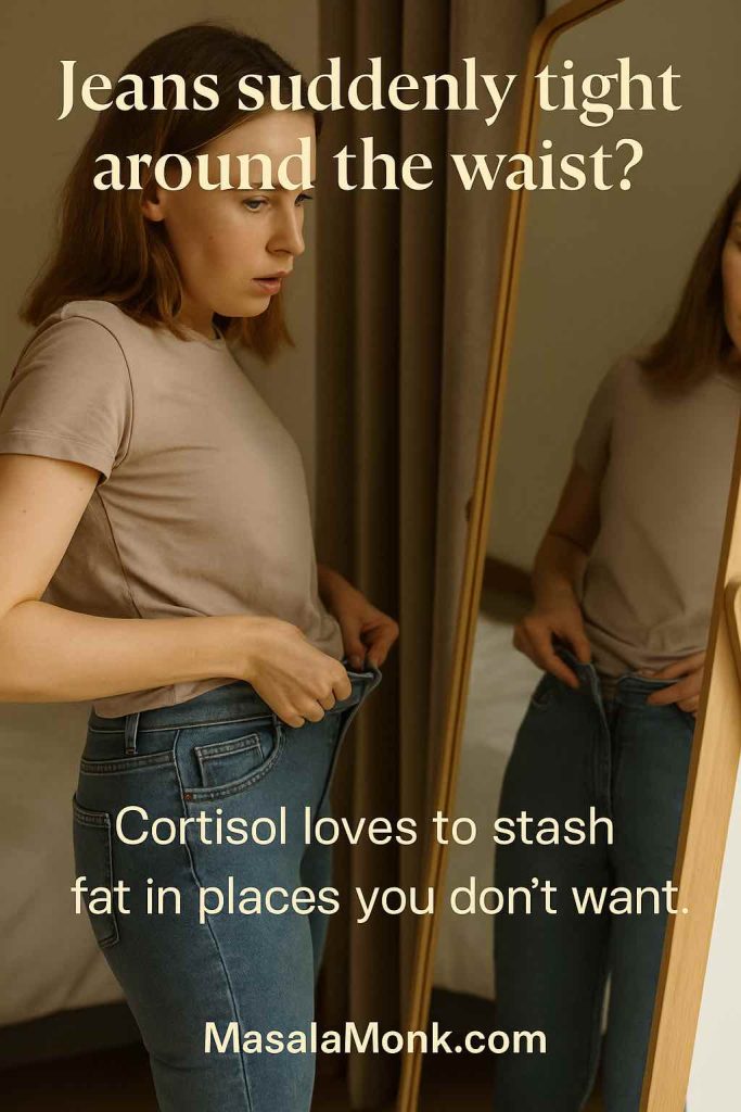 Young woman looking at her jeans feeling sudden belly weight gain due to high cortisol imbalance.