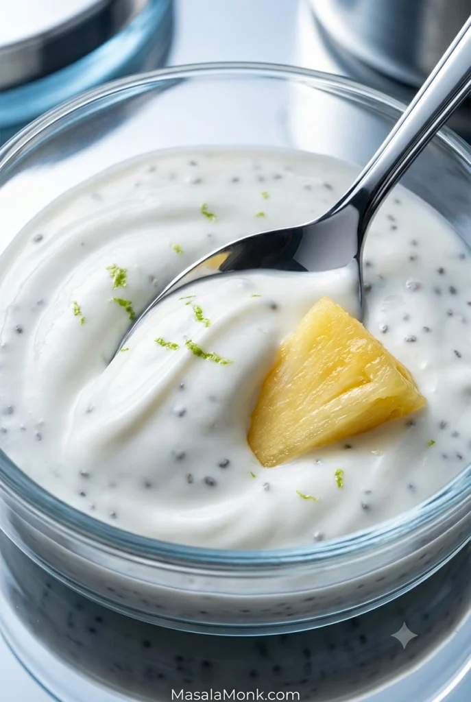 Close-up of thick pineapple chia pudding made with Greek yogurt, with a spoon drawn through the creamy chia mixture and a piece of pineapple in the pudding.