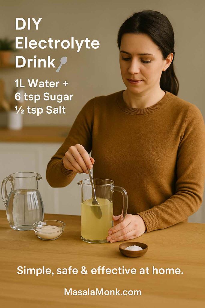 Homemade electrolyte drink made with 1 liter water, 6 teaspoons sugar, and ½ teaspoon salt.