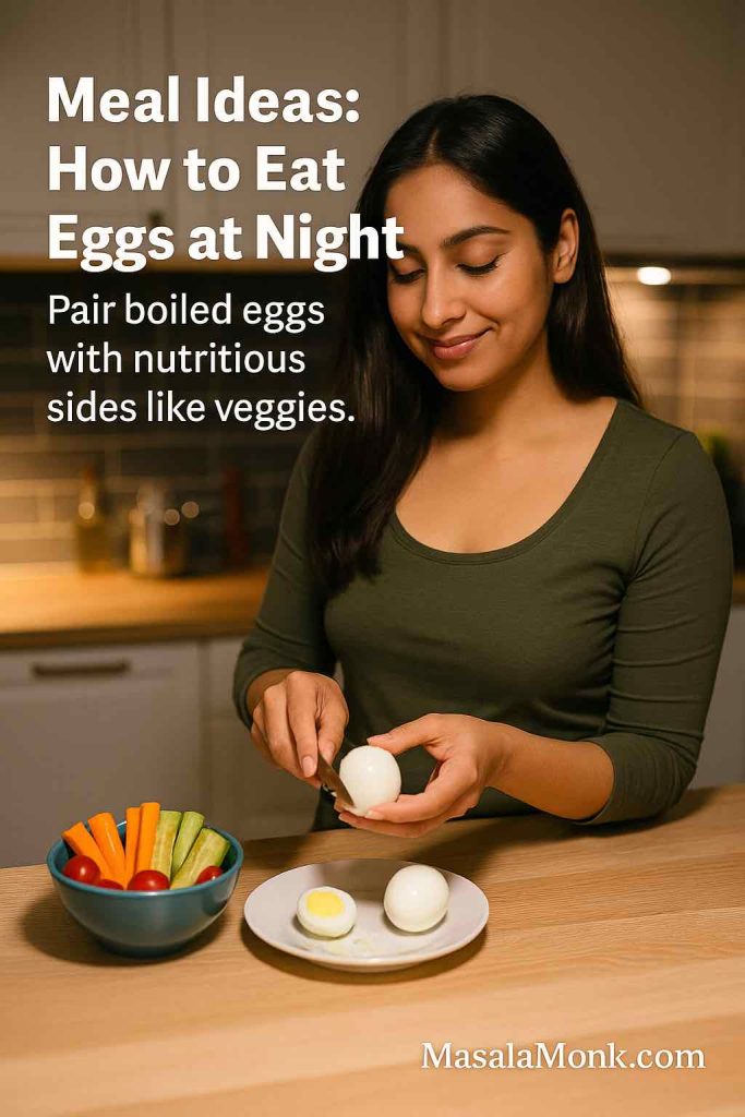 Woman slicing boiled eggs with vegetables – protein and fiber combo for late-night satiety.
