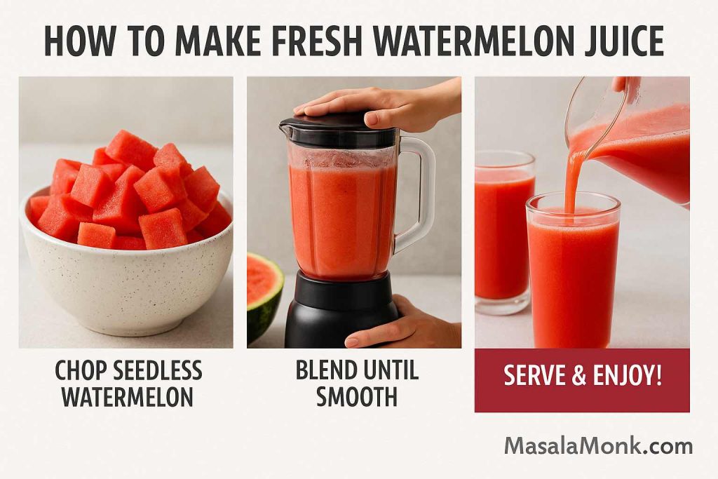 Three-step guide to make fresh watermelon juice: chop seedless watermelon, blend until smooth, pour and serve.