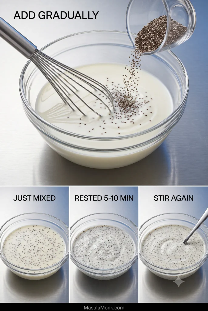 Four-step chia pudding process showing chia sprinkled into milk while whisking, then the mixture just mixed, rested for 5 to 10 minutes, and stirred again until evenly distributed.