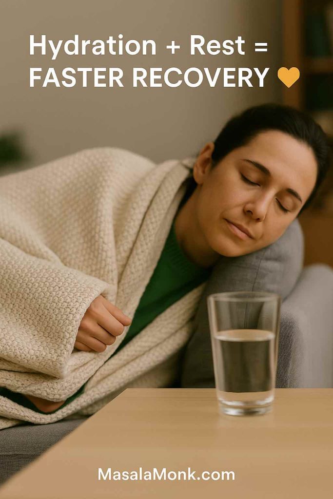 Woman resting on couch with a glass of water, showing hydration and rest aid diarrhea recovery.