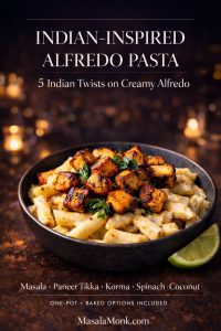 Magazine-style cover featuring a bowl of creamy Indian-inspired Alfredo pasta topped with charred paneer tikka. Text overlay reads “Indian-Inspired Alfredo Pasta” and “5 Indian Twists on Creamy Alfredo,” listing masala, paneer tikka, korma, spinach paneer, and coconut curry, plus “one-pot + baked options included,” with MasalaMonk.com in the footer.