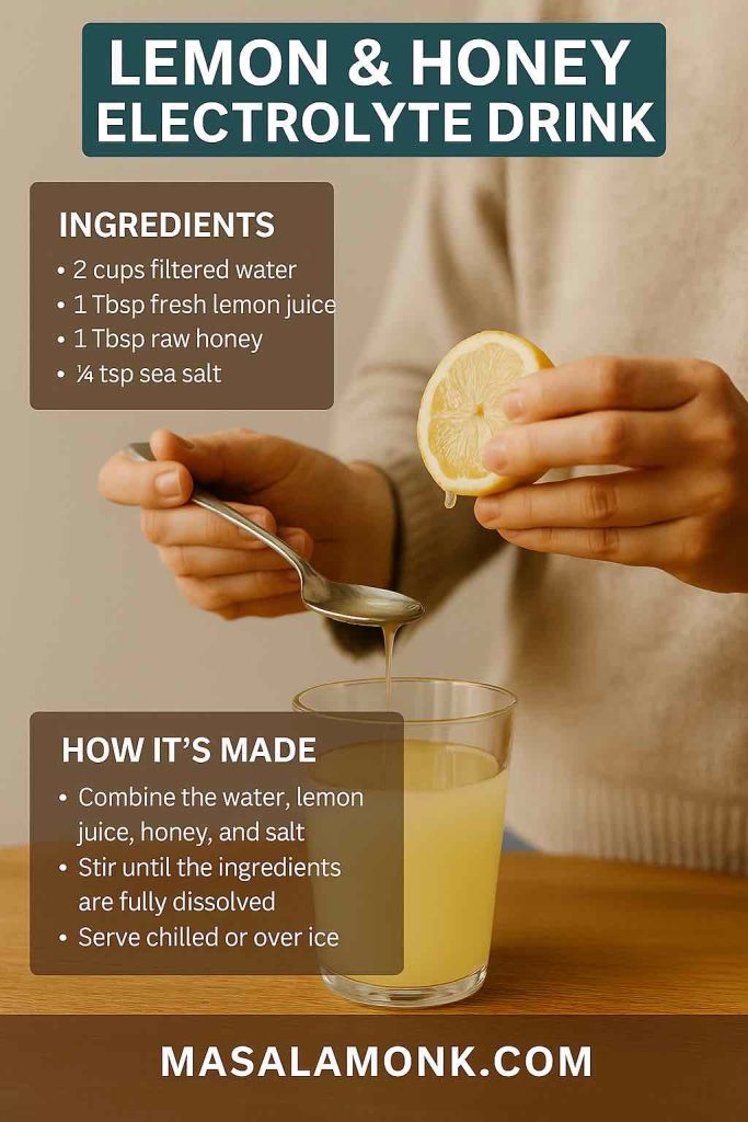 Lemon juice being squeezed with honey drizzled into a glass for homemade electrolyte hangover recovery drinks.