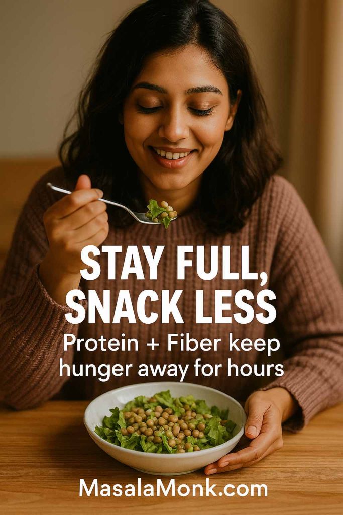 Smiling young woman eating a healthy lentil salad, with overlay text saying ‘Stay Full, Snack Less — Protein + Fiber keep hunger away for hours’.