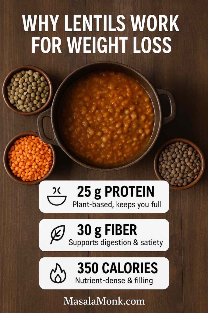Nutritional benefits of lentils for weight loss – high protein, high fiber, and low-calorie.