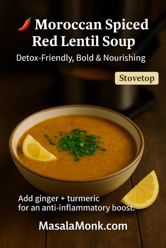 Moroccan spiced red lentil soup with turmeric and ginger – detox-friendly vegan recipe.