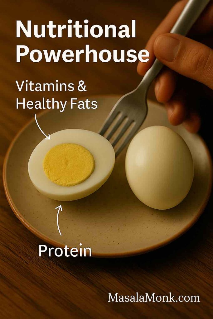 Close-up boiled egg with yolk and white labeled for protein and vitamins – nutritional powerhouse snack.