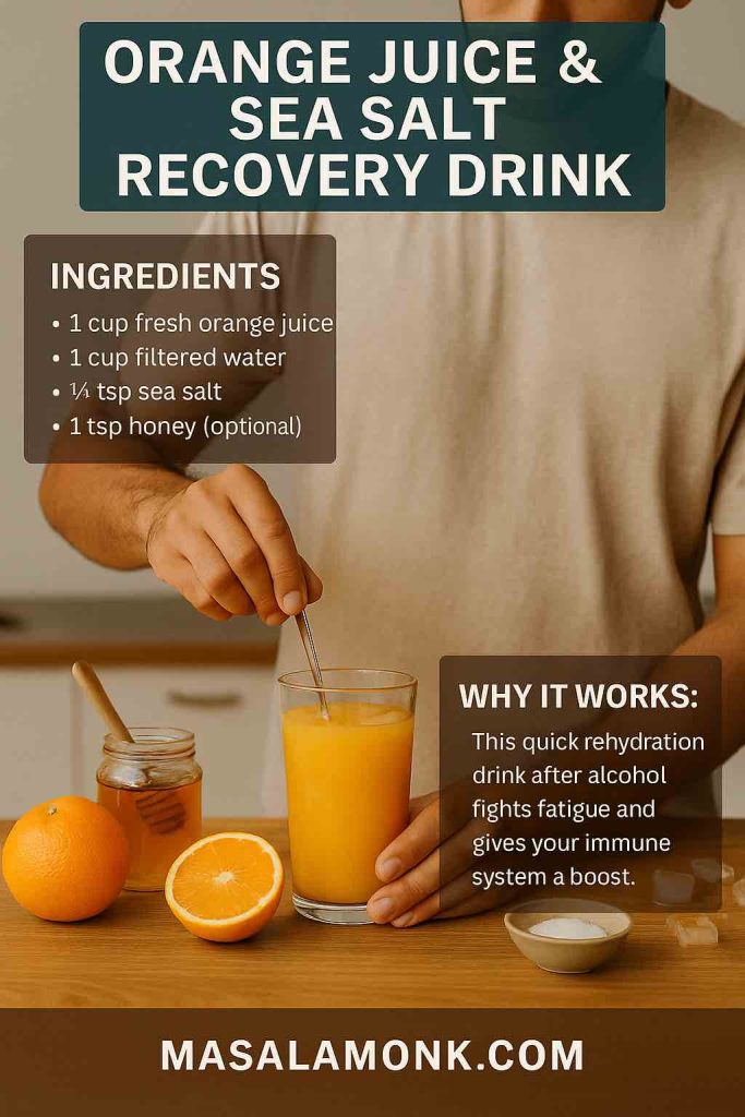 Young person stirring orange juice and sea salt electrolyte drink for hangover recovery.