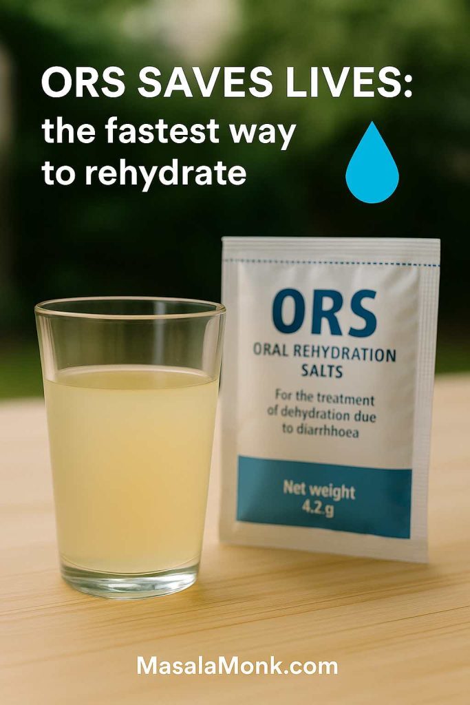 ORS oral rehydration salts in a glass and packet used for fast rehydration during diarrhea.