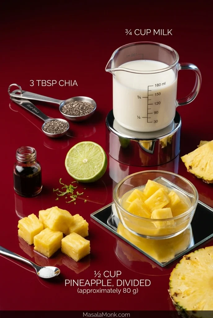 Measured chia seeds, three-quarter cup of milk and half a cup of pineapple divided into two portions, with lime, vanilla and salt.