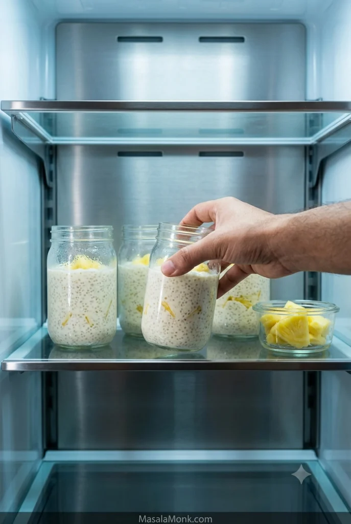 Four jars of pineapple chia pudding on a refrigerator shelf, with a hand reaching for one jar and a small container of pineapple nearby.