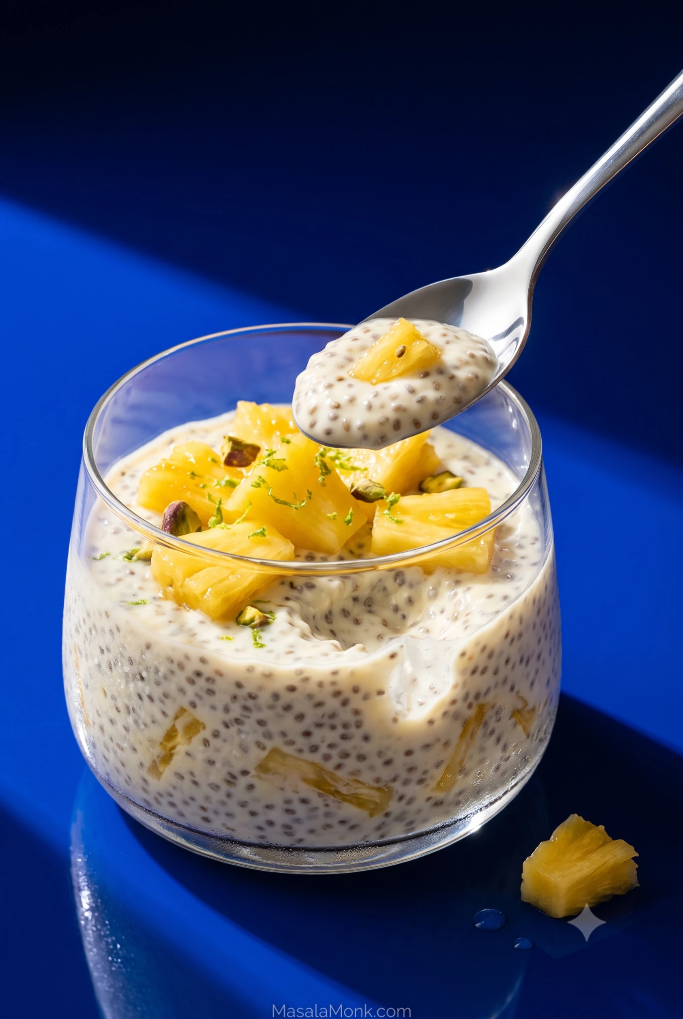 Pineapple chia pudding in a clear glass, topped with juicy pineapple, lime zest and pistachio, with a spoon lifting a soft chia-filled bite.