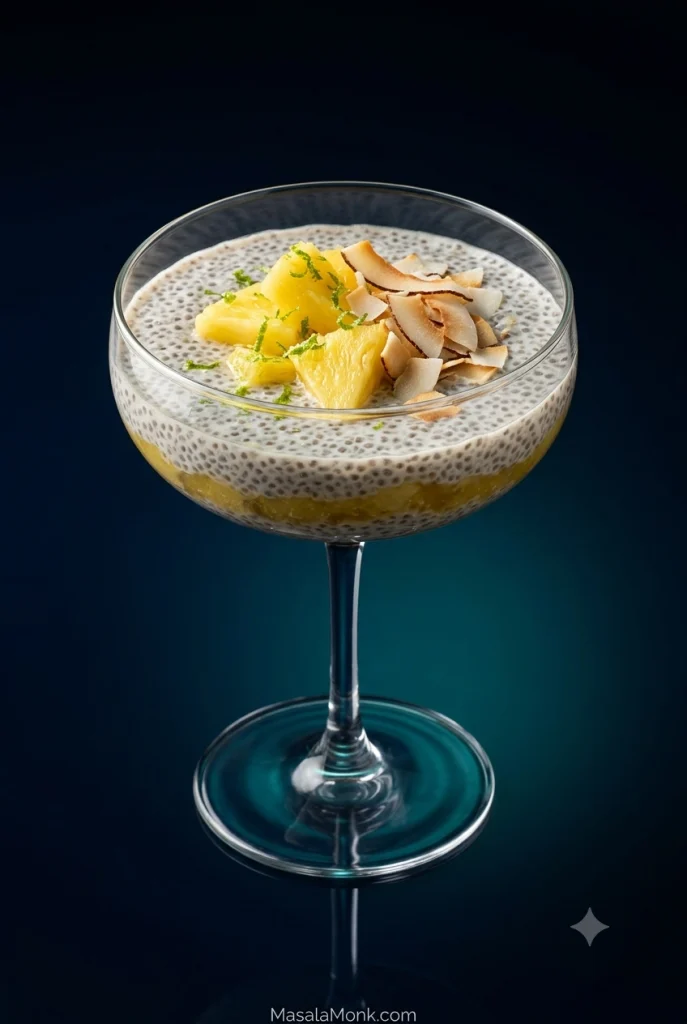 Pineapple coconut chia pudding in a clear coupe with a pineapple layer, fresh pineapple, toasted coconut and lime zest.