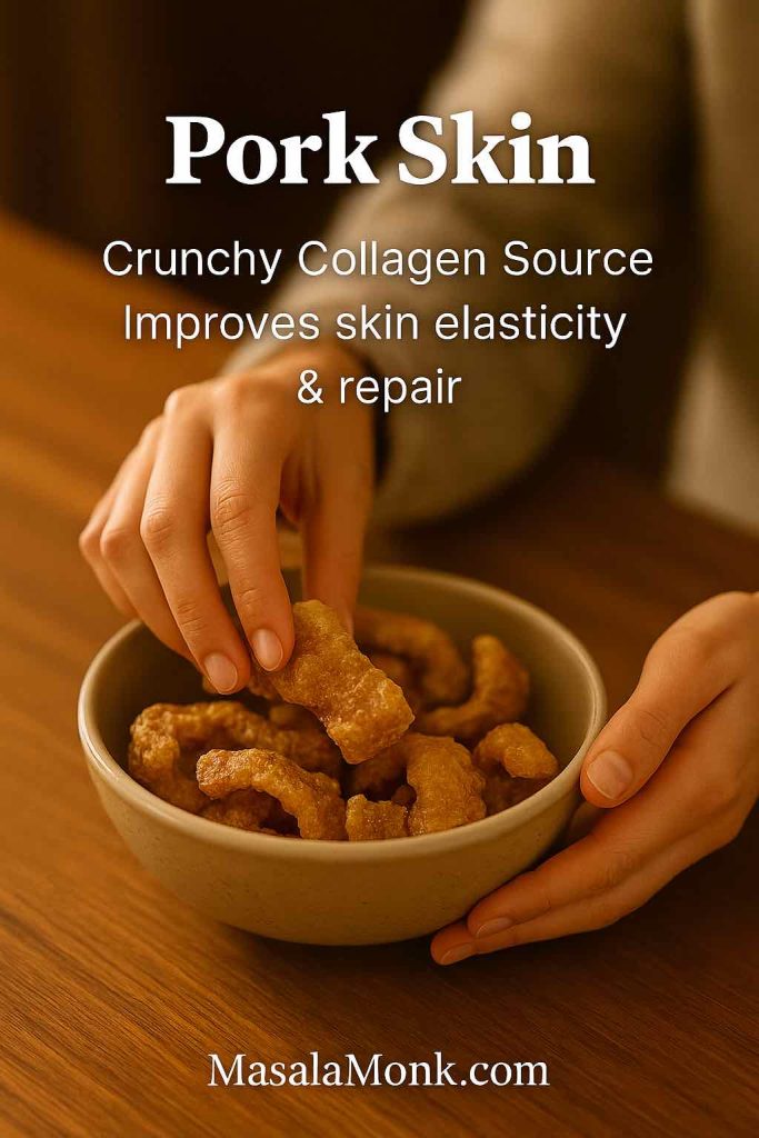Bowl of crispy pork skin as a crunchy collagen rich food source to improve skin elasticity and repair.