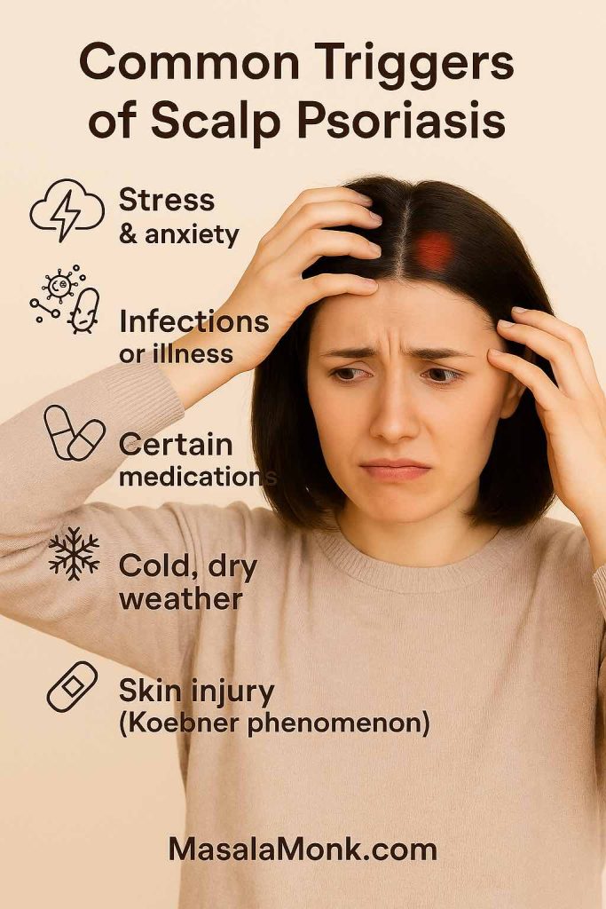 Educational infographic of a distressed woman with scalp psoriasis showing red patches, with icons illustrating common triggers: stress, infections, medications, cold dry weather, and skin injury. MasalaMonk.com at the bottom