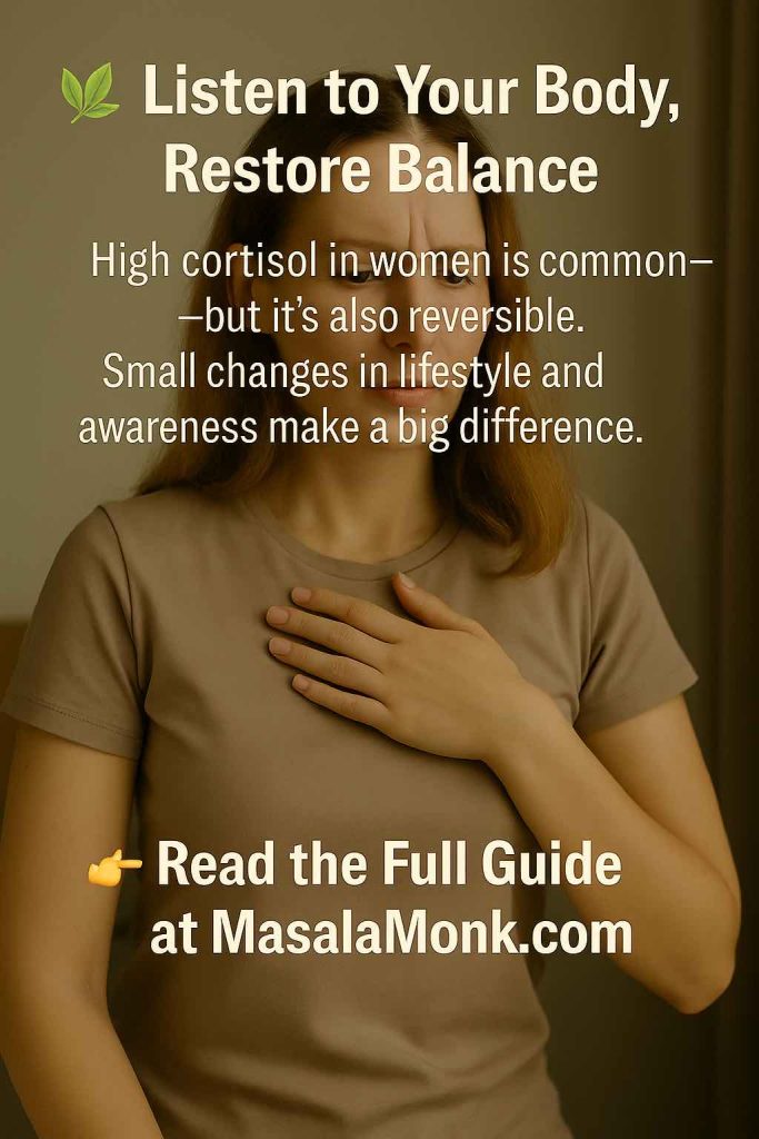 Calm woman with hand on chest, representing restoring hormonal balance and reversing high cortisol naturally in women.