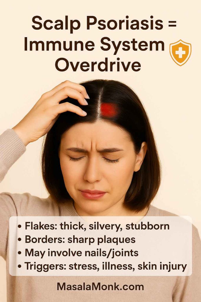 Educational portrait graphic of a person with scalp psoriasis, showing red plaques at the hairline with thick silvery flakes, immune system shield icon, and key points about triggers and symptoms. MasalaMonk.com
