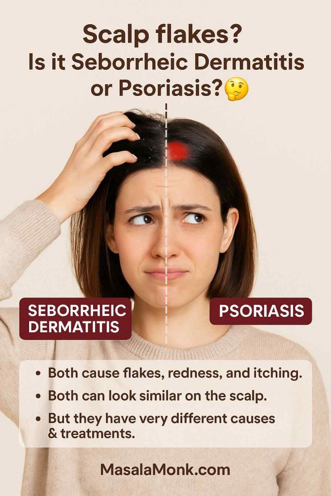 Woman scratching scalp showing comparison of seborrheic dermatitis with greasy yellow flakes vs scalp psoriasis with red plaques and silvery scales – MasalaMonk.com