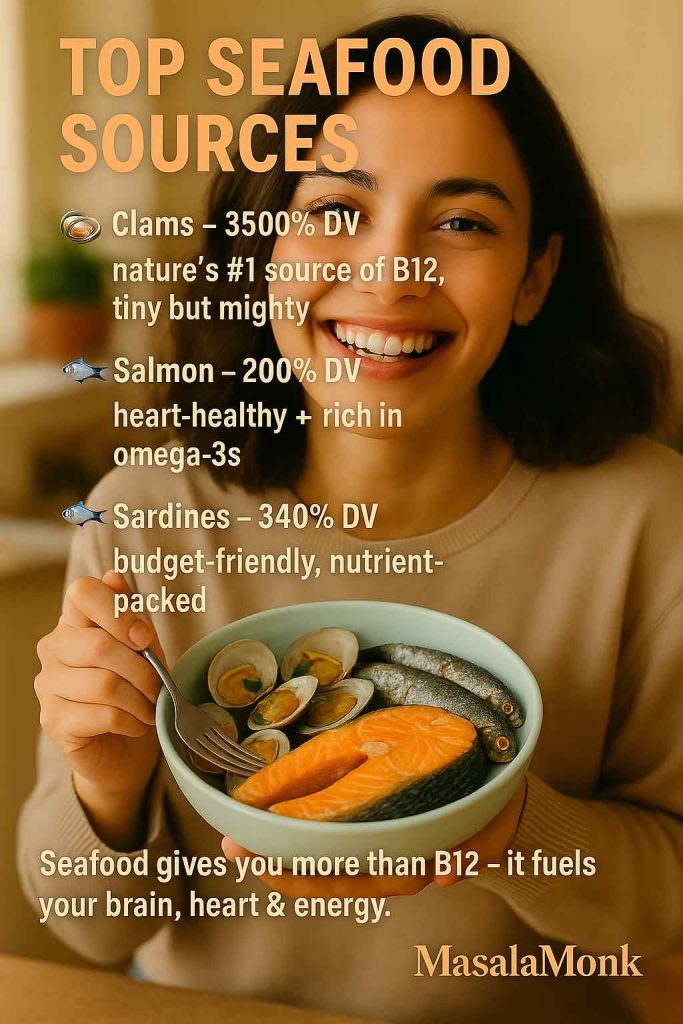 Plate of clams, salmon, and sardines showing seafood as top Vitamin B12 rich foods.