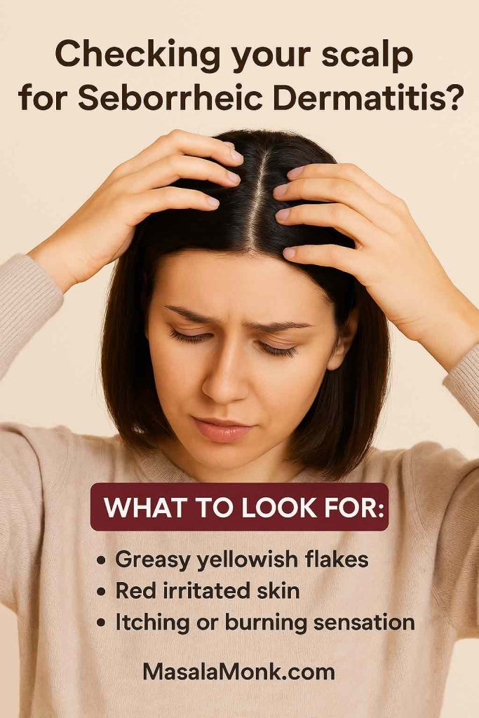 Woman with visible dandruff flakes on dark shirt, surrounded by icons of yeast, oil, and stress representing seborrheic dermatitis causes – MasalaMonk.com