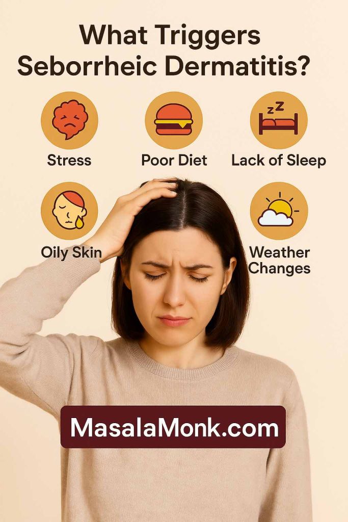 A woman touching her scalp with discomfort, surrounded by icons for stress, poor diet, lack of sleep, oily skin, and weather changes, highlighting common triggers of seborrheic dermatitis. MasalaMonk.com.