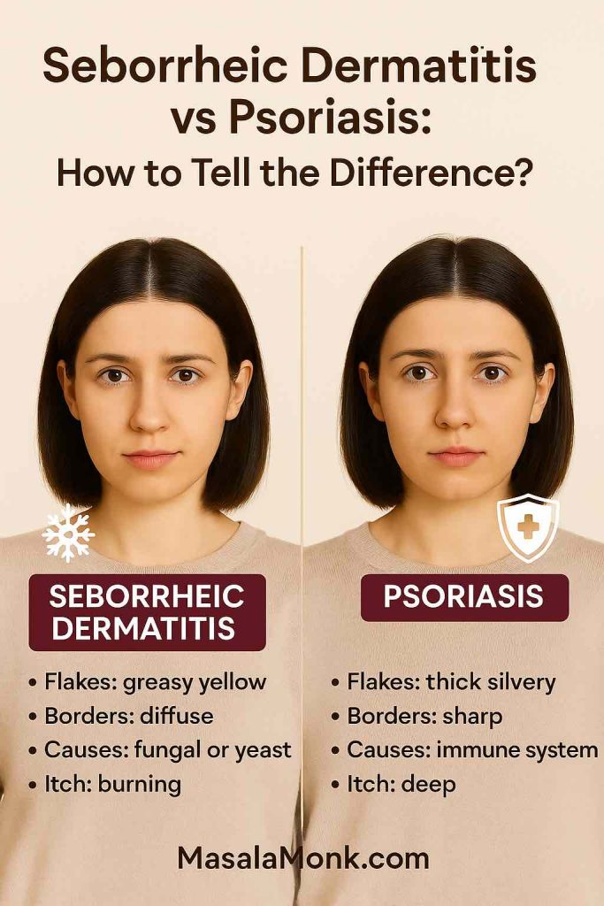 Educational comparison graphic showing seborrheic dermatitis versus psoriasis on the scalp, with differences in flake texture, border sharpness, and underlying causes. Created by MasalaMonk.com.