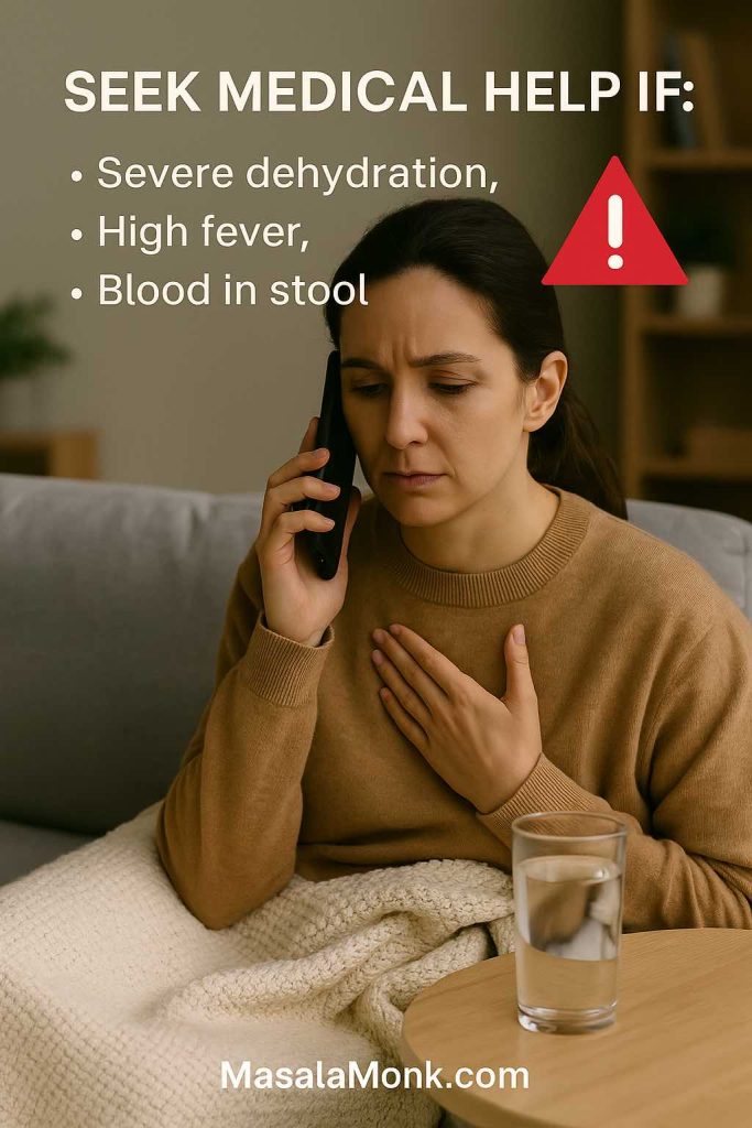 Woman calling doctor for medical help during diarrhea with severe dehydration, fever, or blood in stool.