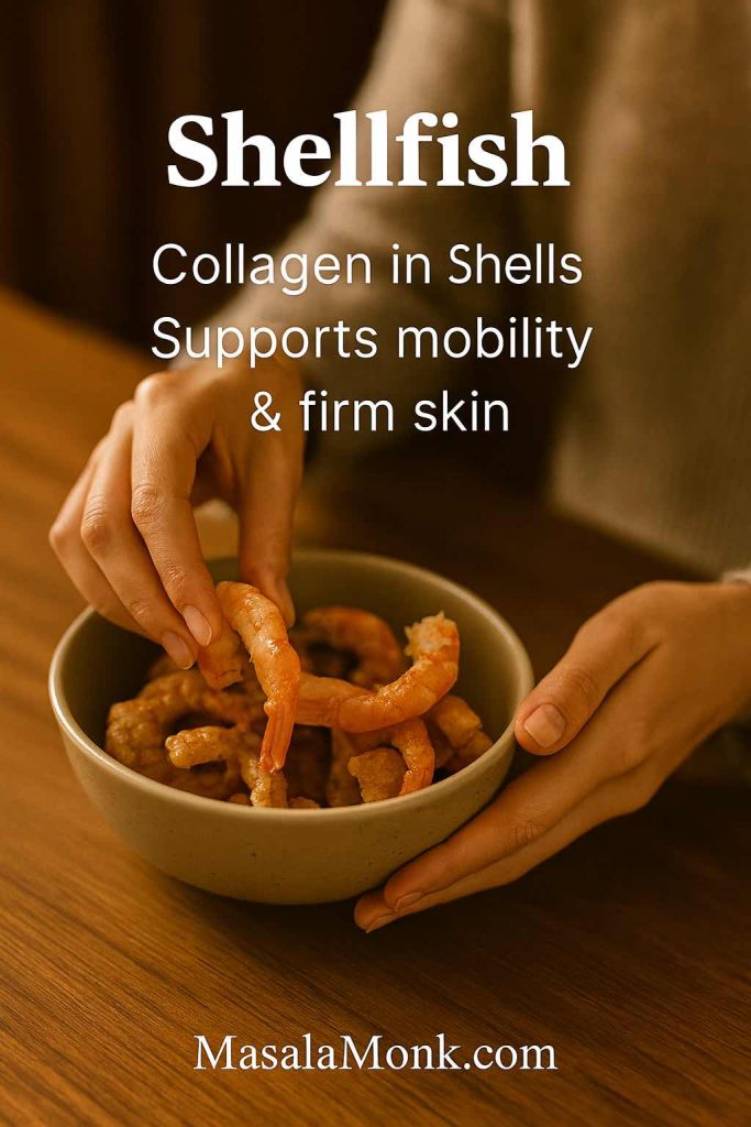 Bowl of shrimp shellfish, a collagen food rich in shell collagen that supports firm skin and joint mobility.