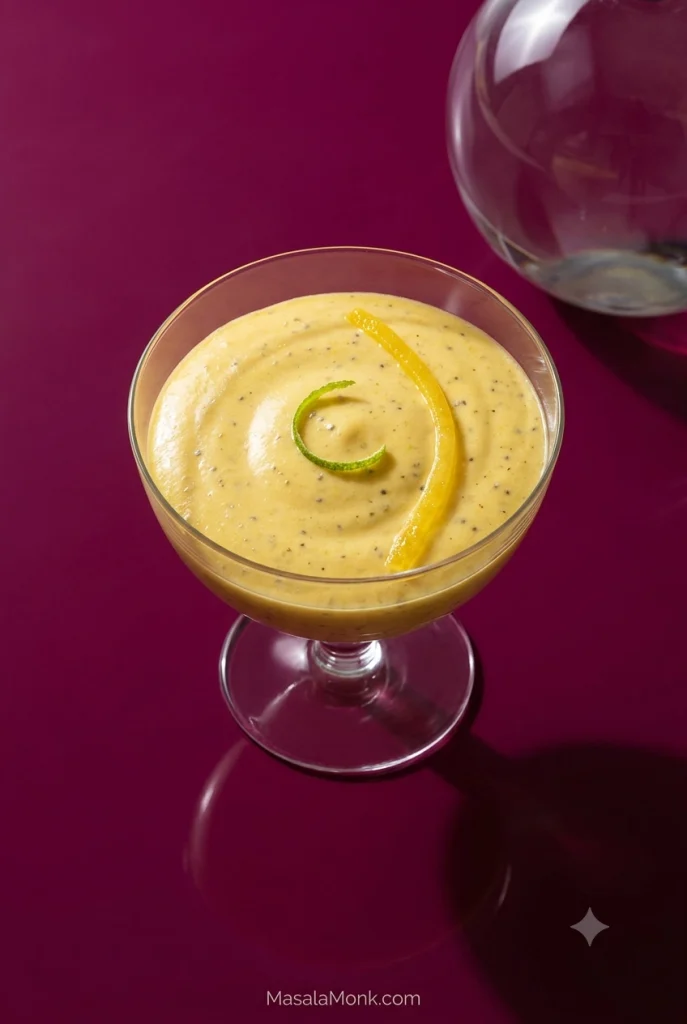 Smooth blended pineapple chia pudding in a glass coupe with fine chia flecks, a pineapple purée swirl and lime zest.