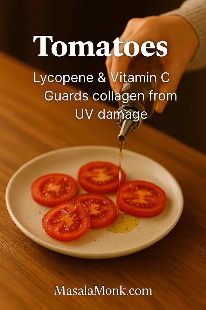 Sliced tomatoes drizzled with olive oil, showcasing lycopene and vitamin C for UV collagen protection.