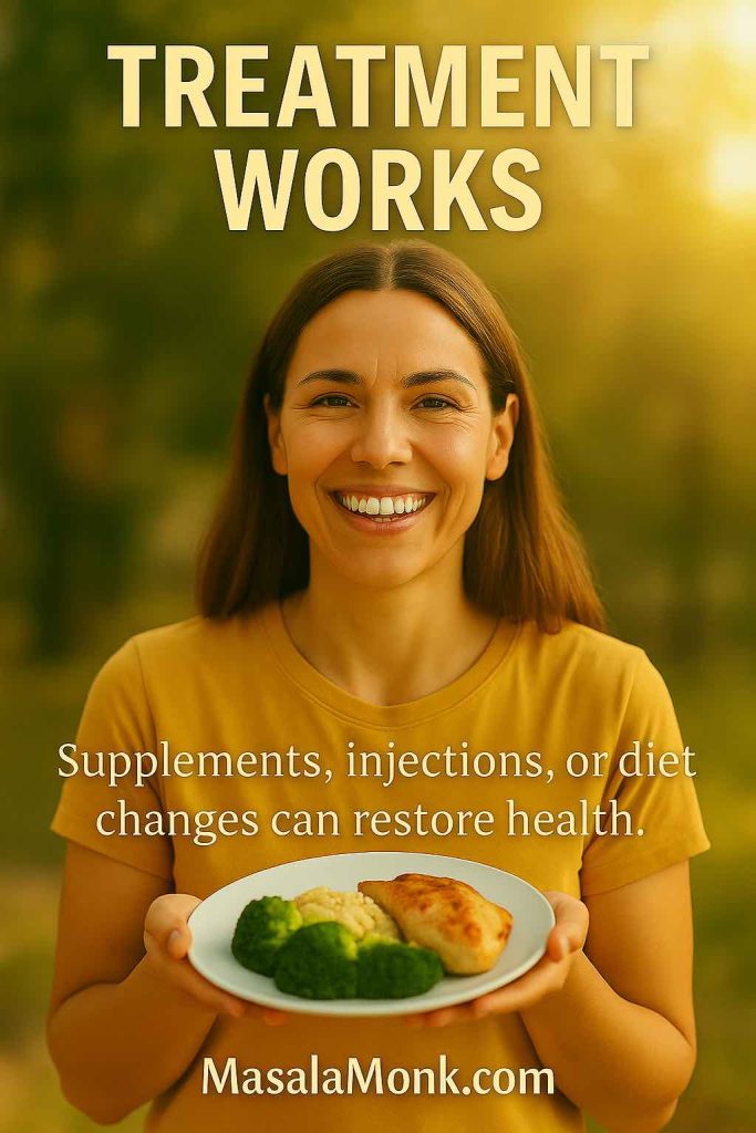 Smiling person holding a plate of healthy food, showing restored energy after B12 treatment.