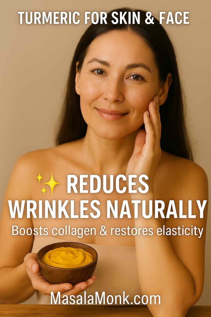 Woman gently touching her cheek while holding a bowl of turmeric face mask; portrait highlighting turmeric’s anti-aging benefits.