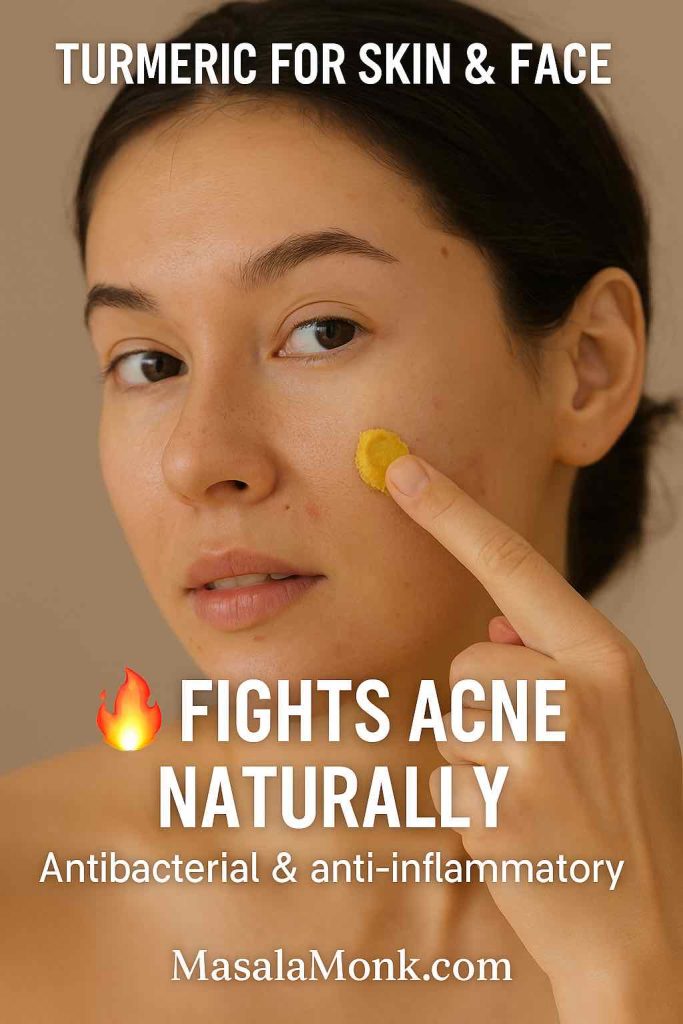Woman applying turmeric paste on face to fight acne naturally.