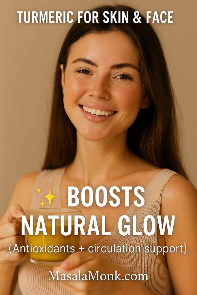 Smiling woman holding a cup of Turmeric Latte. 