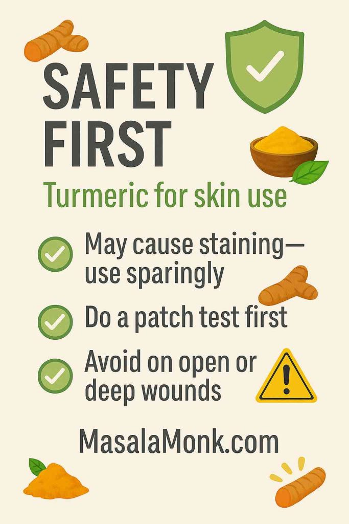 Turmeric safety infographic with do’s and don’ts for skincare use.