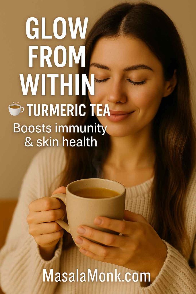 Cup of turmeric tea with spices for natural skin glow and wellness.