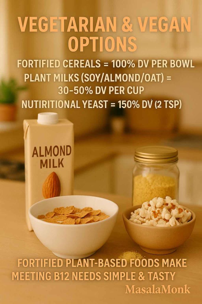 Bowl of fortified cereal, almond milk, and nutritional yeast for vegetarian and vegan Vitamin B12 intake.